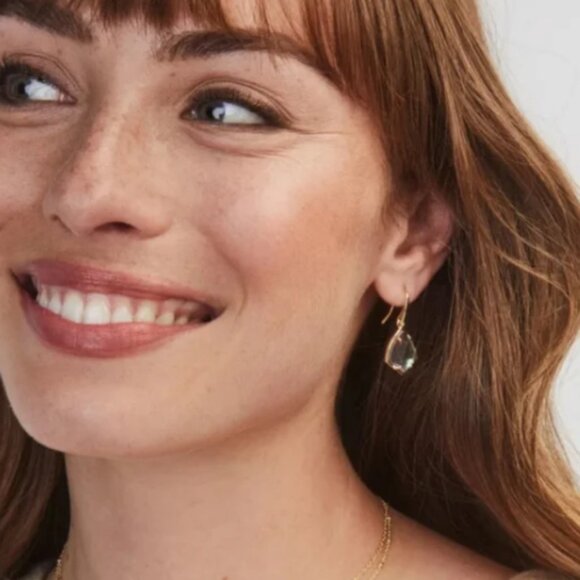 Kendra Scott Gold Tone Cory Drop Earrings Blue Dichroic Glass - Retired HTF - Picture 3 of 5